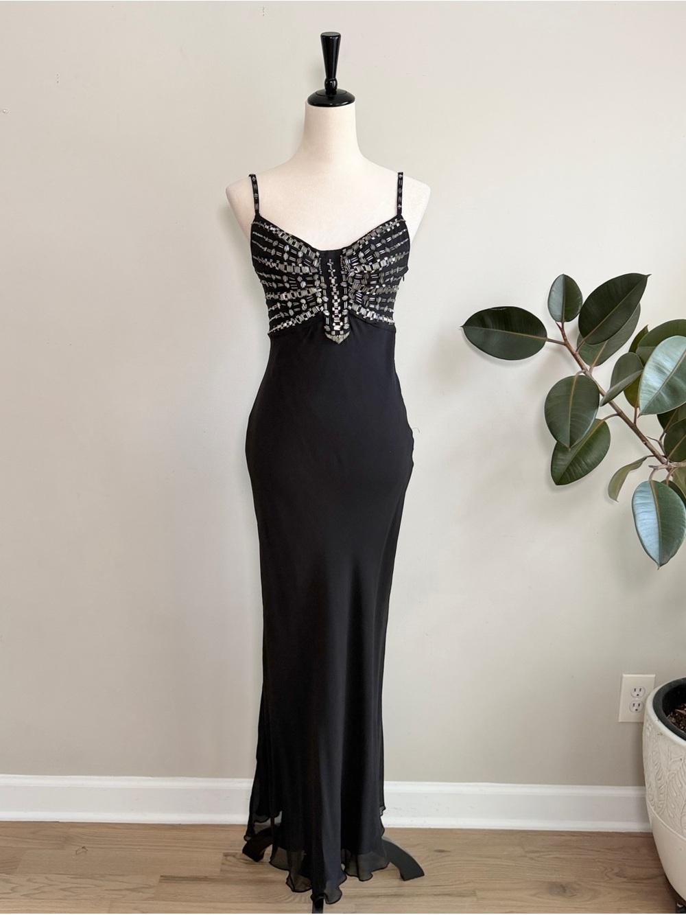 Vintage Collette Dinnigan Beaded Silk Spaghetti Strap Maxi Dress M